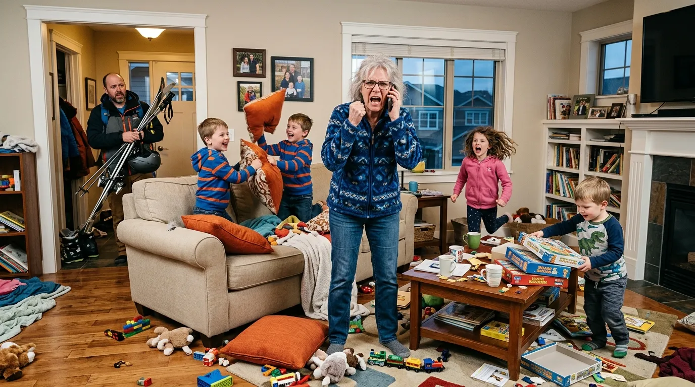 A chaotic suburban living room with kids running wild while a frantic older woman yells into her phone.