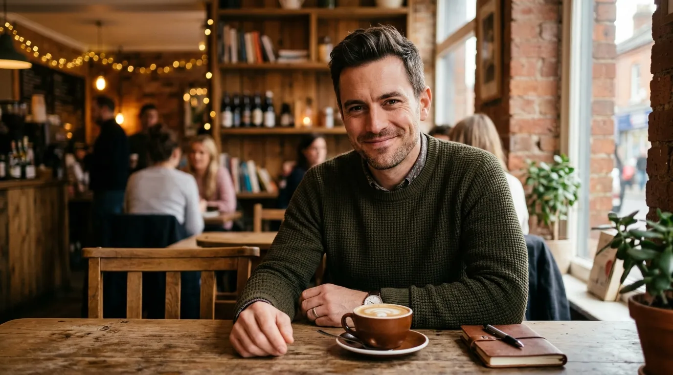 A subtly charming man sitting in a coffee shop, smiling warmly.