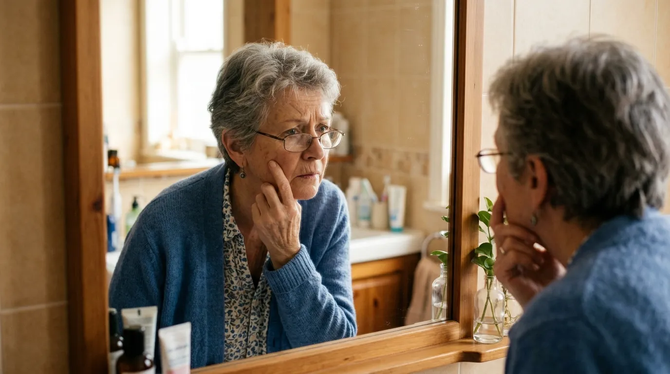 Older woman looking closely at her face in a mirror checking for a rash
