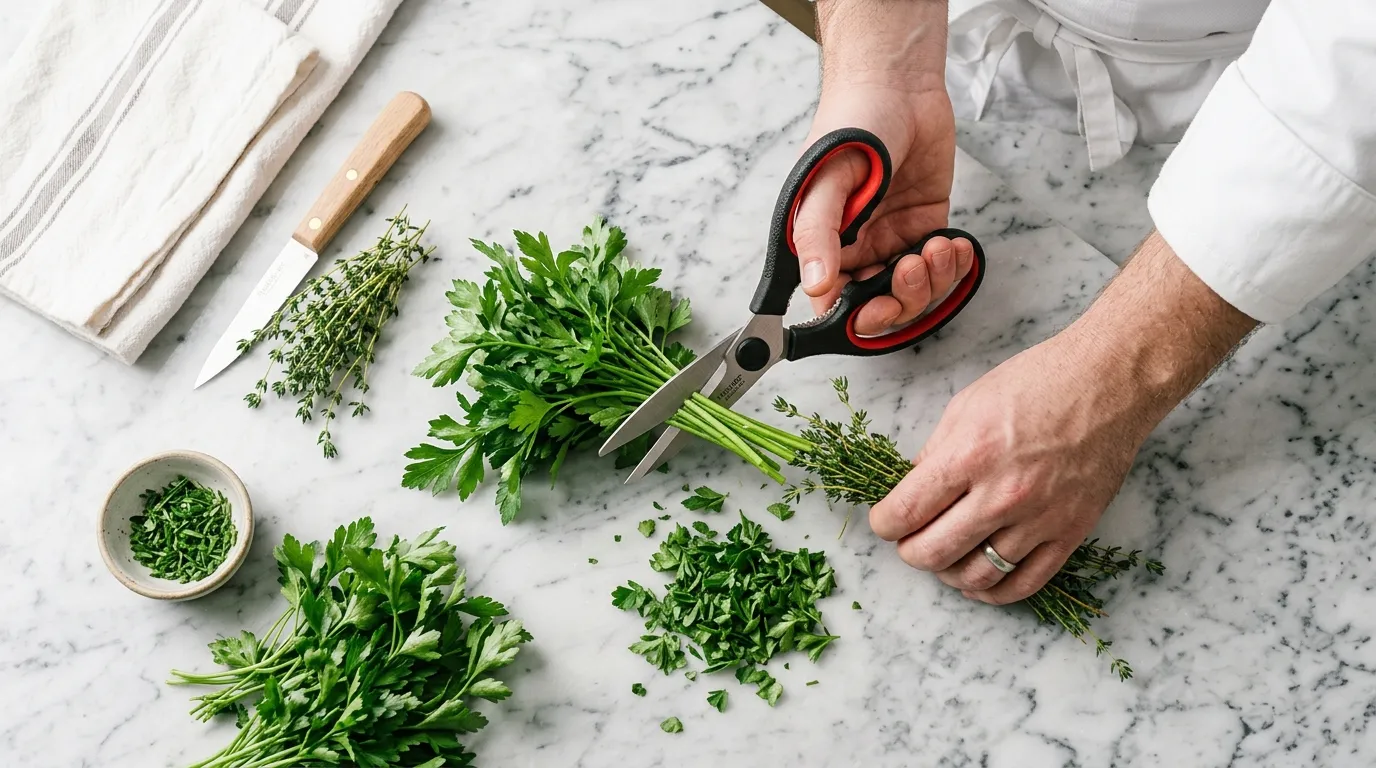 A chef using the textured grip of kitchen scissors to securely snip thick herb stems