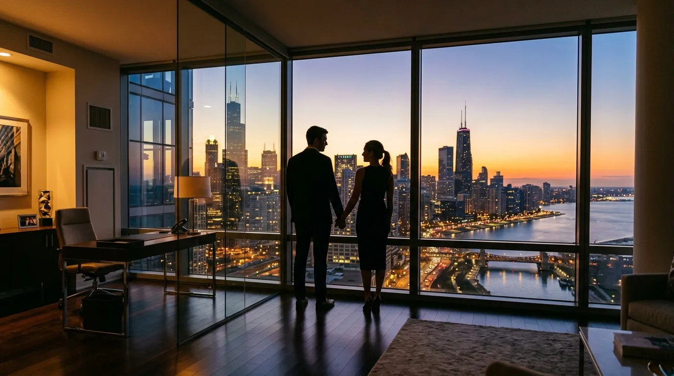 Silhouette of a loving couple looking out over the Chicago skyline at sunset