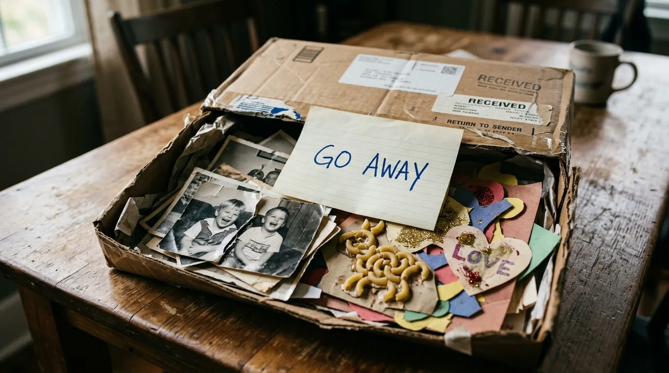 A box filled with torn photos, macaroni art, and a card reading GO AWAY.