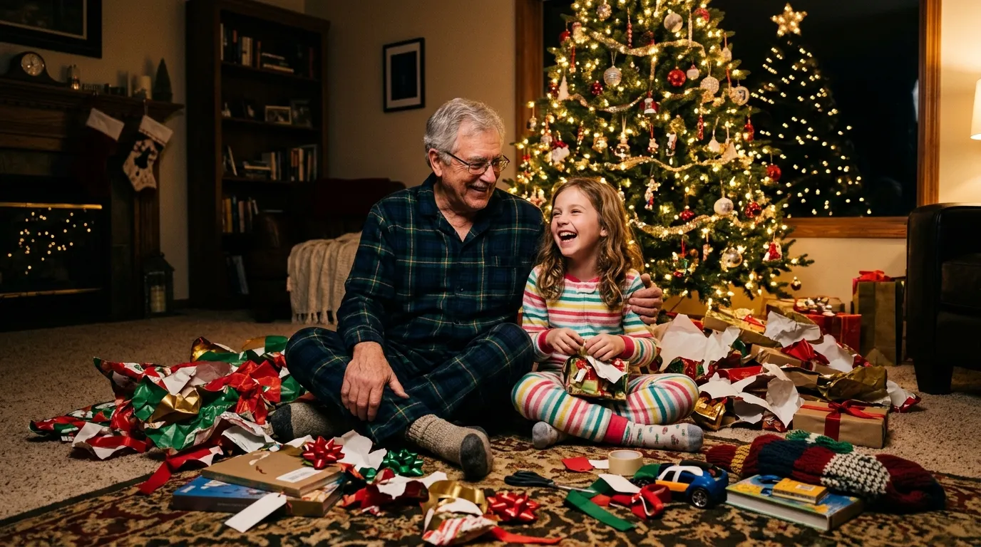 A 74-year-old man and a 10-year-old girl sitting on the floor at midnight wrapping Christmas presents, surrounded by messy ribbons and paper.