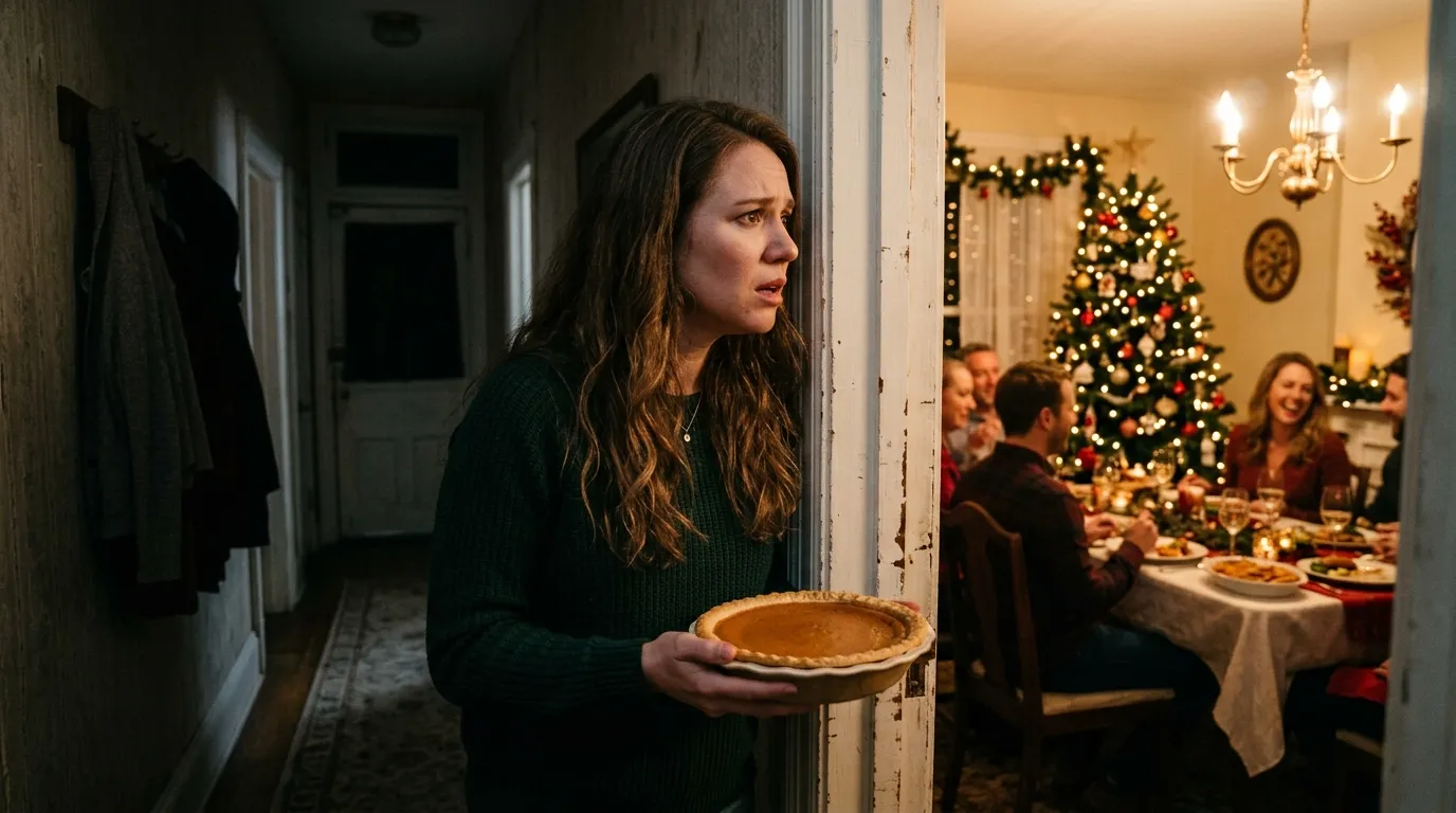 A young woman standing in a dimly lit hallway holding a pumpkin pie, looking shocked as she overhears a conversation from the brightly lit dining room.