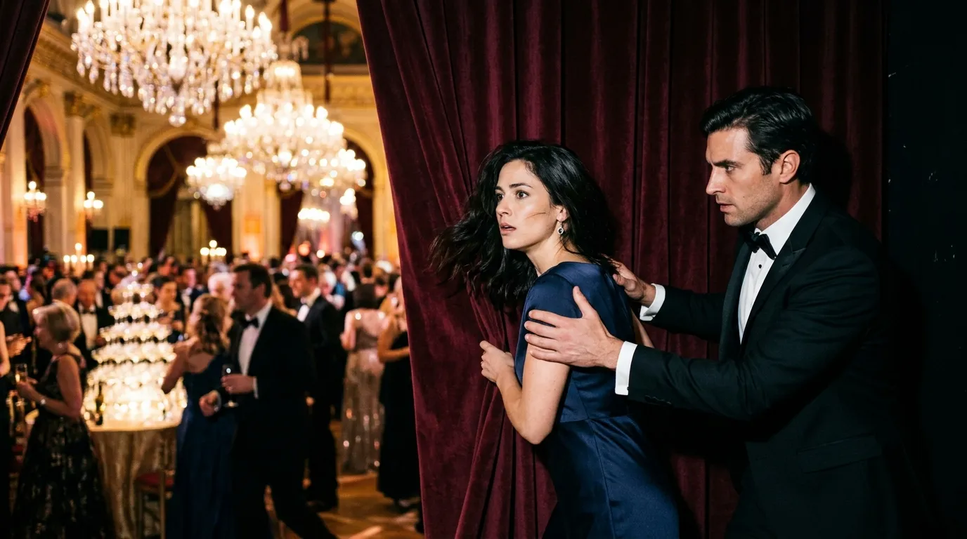 A woman in a navy dress being hidden behind a velvet curtain in a grand ballroom