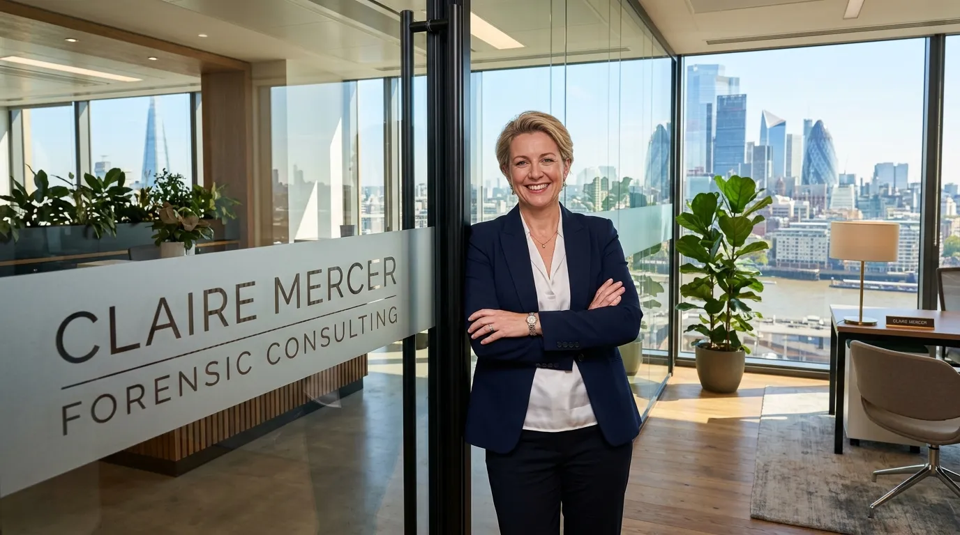 A smiling, confident woman standing in her bright new corporate office with her name on the glass door.
