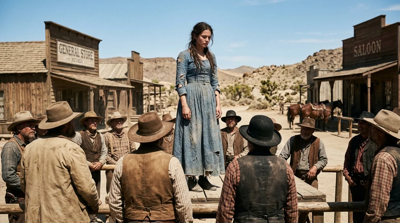 A young woman standing on a dusty wooden auction platform in the 1800s American West, looking down while men watch.