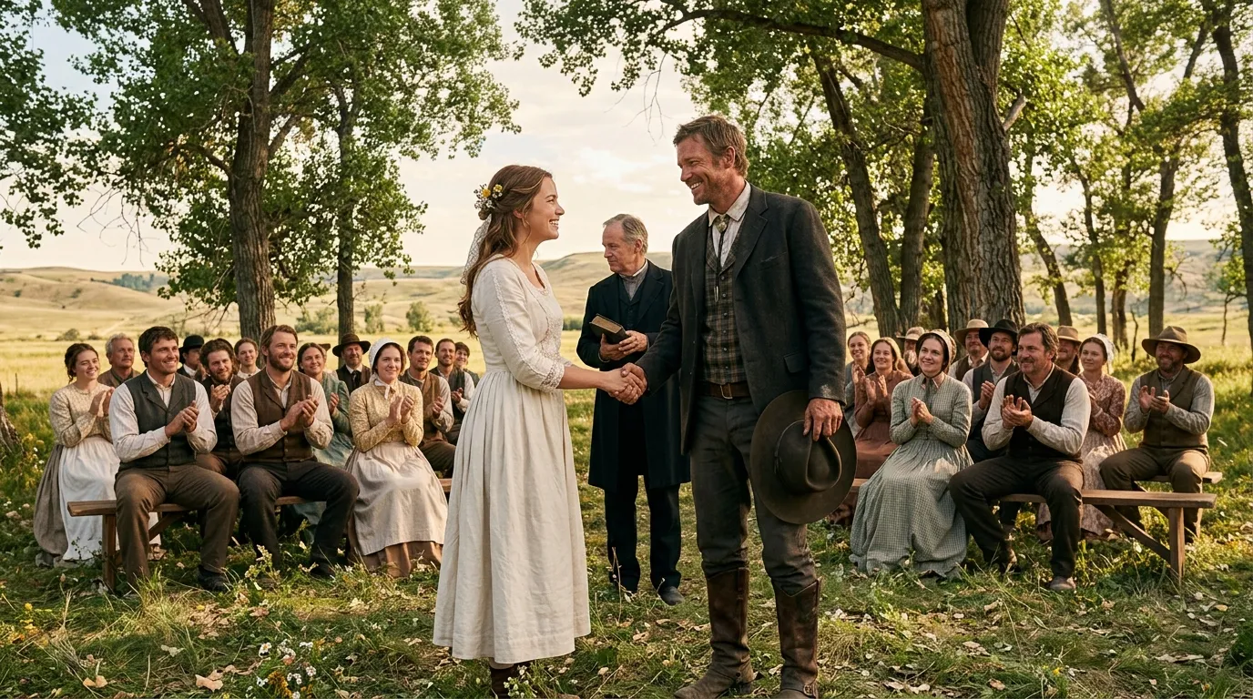 A smiling bride in a simple ivory dress holding hands with a rancher outdoors under cottonwood trees.