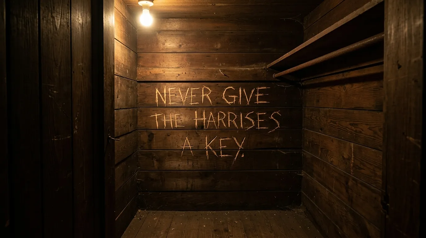 Frantic warning carved into wood reading NEVER GIVE THE HARRISES A KEY