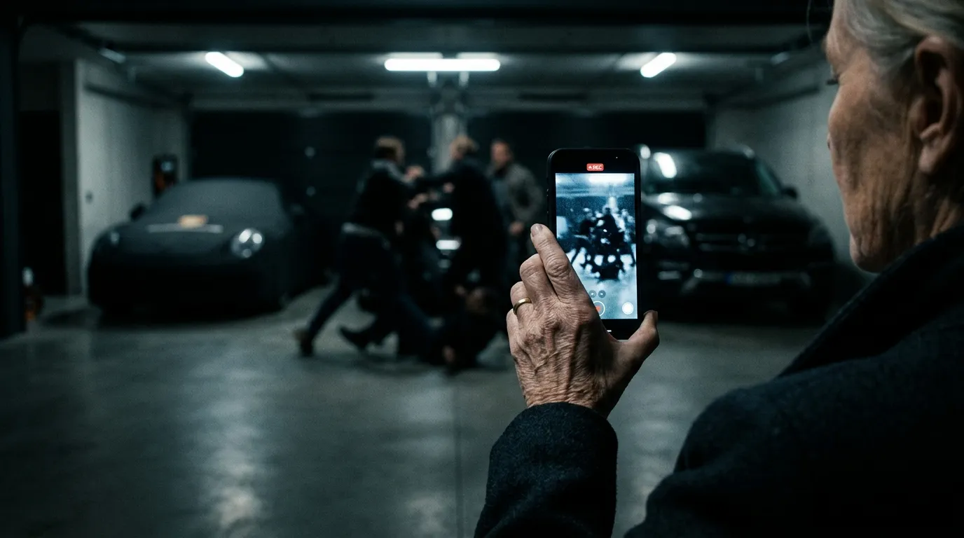 A glowing smartphone screen recording a blurry struggle in a dimly lit garage