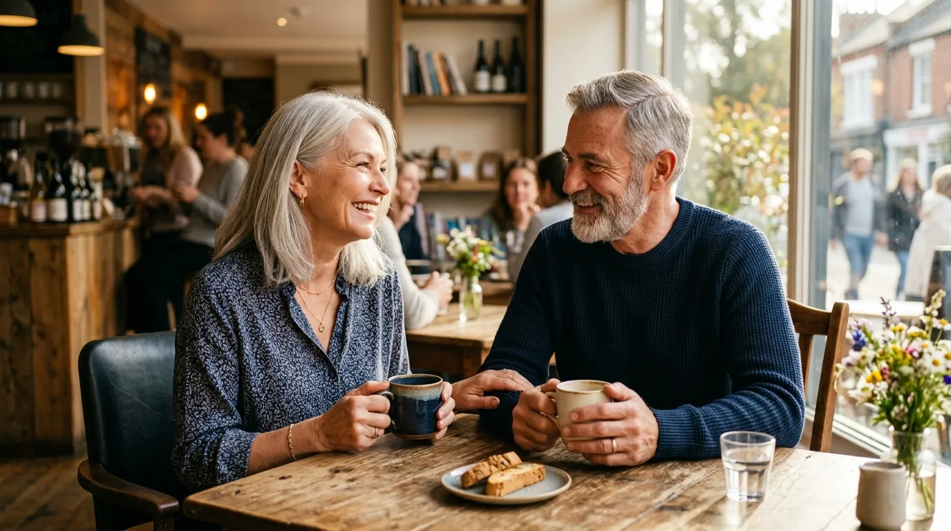 An older couple laughing together over coffee at a sunlit cafe.