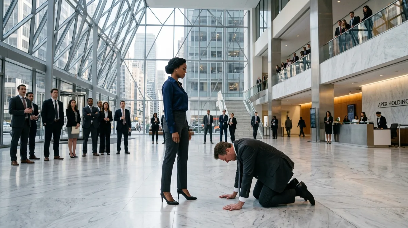 A confident woman confronts a panicked man in a stunning corporate marble lobby