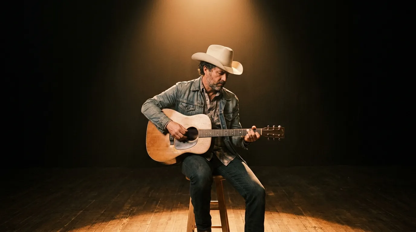 Country singer in a white cowboy hat under a single spotlight with an acoustic guitar