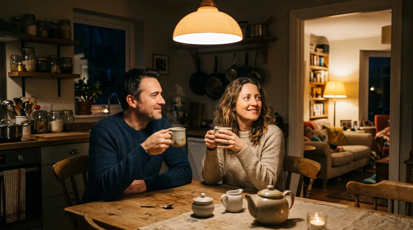 Husband and wife sitting at a kitchen table drinking tea