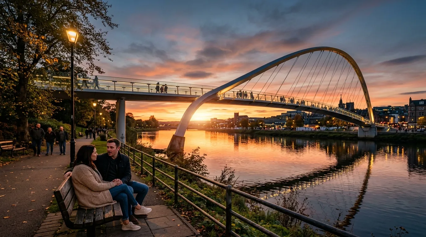 A man and woman sitting on a bench at sunset, looking at a beautiful modern pedestrian bridge.