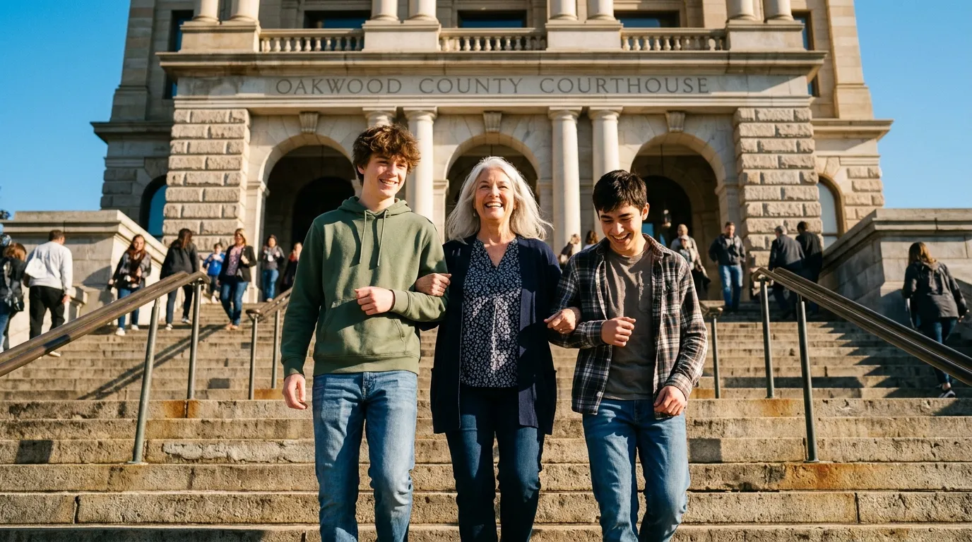 Grandmother and grandsons smiling on courthouse steps