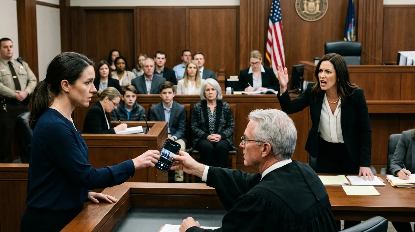 Witness showing photo evidence to a judge in a courtroom