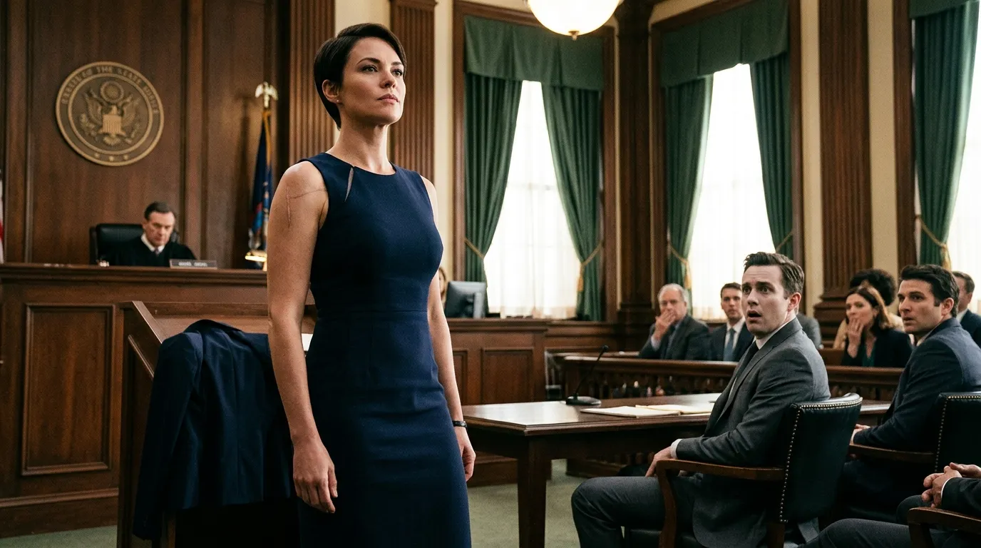 A woman in a courtroom revealing a pale scar on her shoulder blade, while her husband looks on in shock.