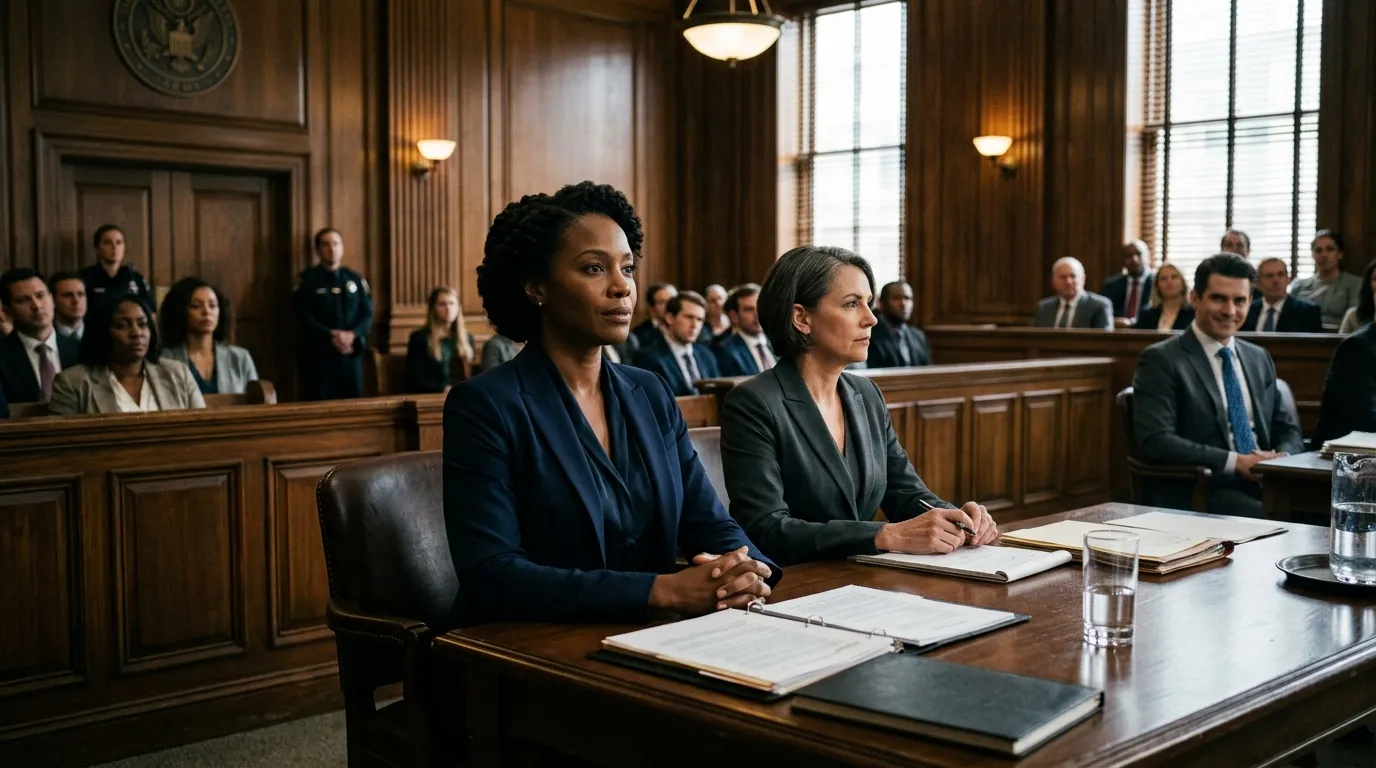 A poised woman in a courtroom while her arrogant husband smirks in the background.