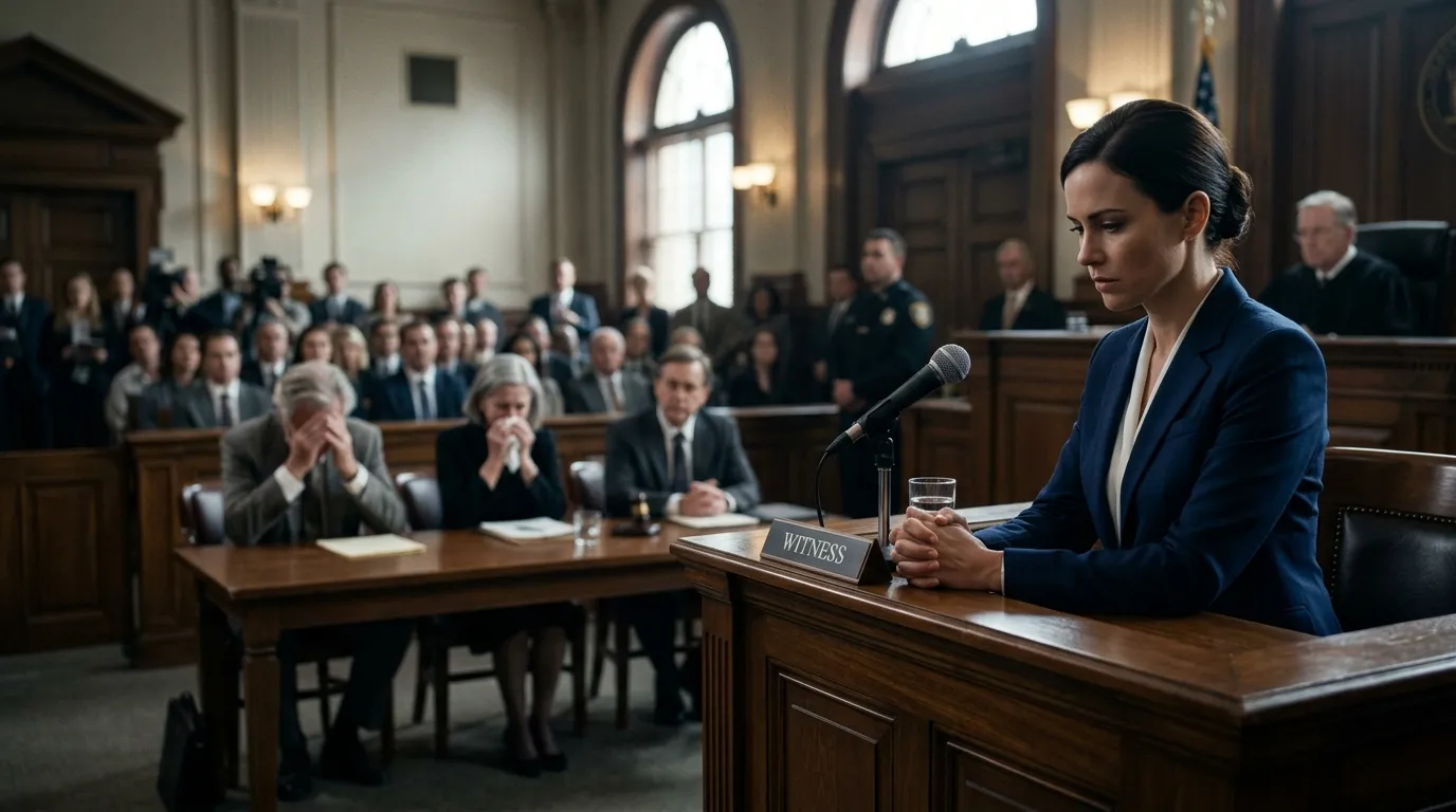 A confident brunette woman on a witness stand looking down at a defeated elderly couple in a courtroom