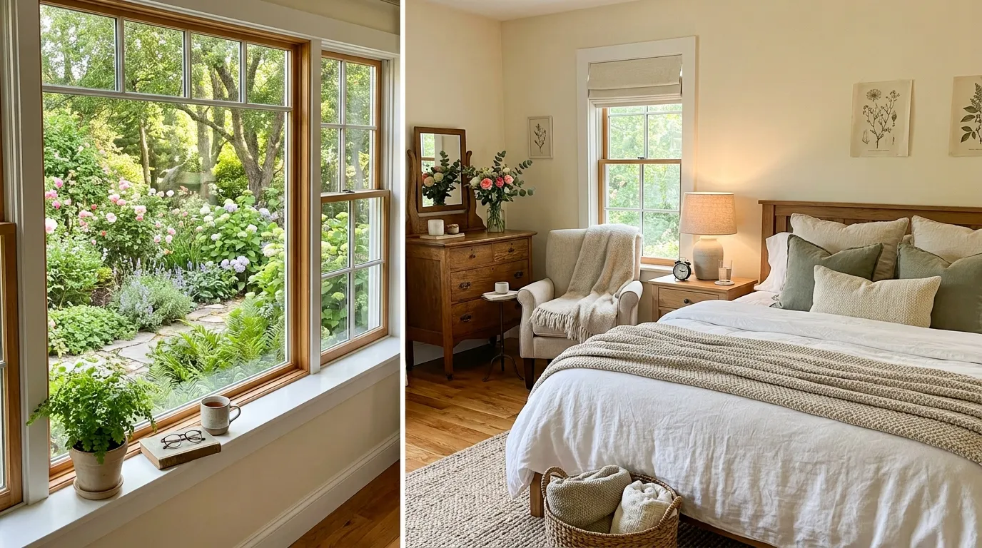 A warm, sunlit guest room looking out over a garden