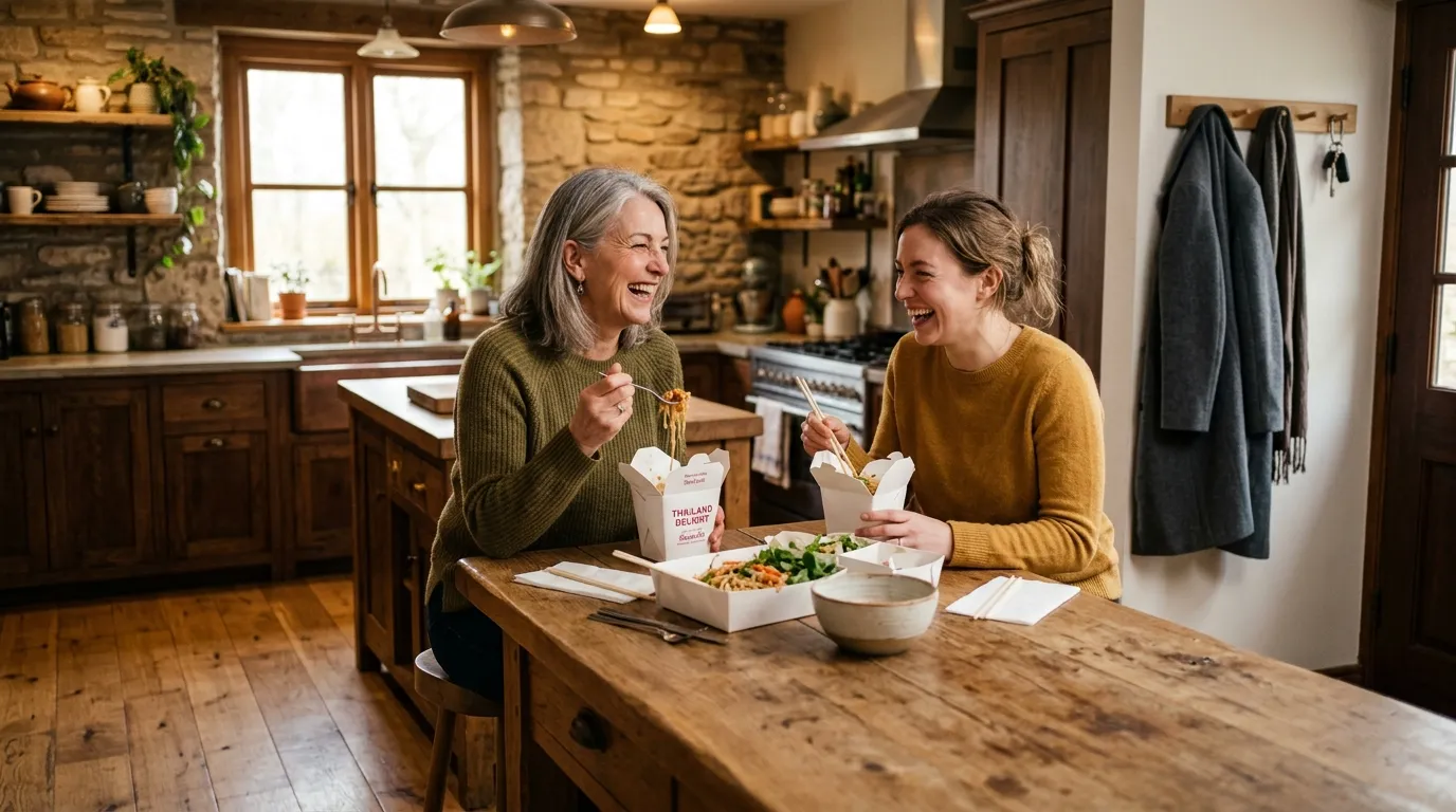A mother and daughter laughing while eating takeout food in a rustic, cozy kitchen.