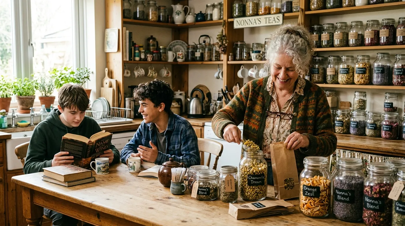 Grandmother packing tea with teenage grandsons in a warm kitchen
