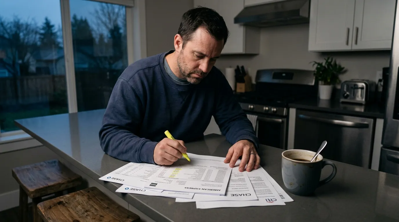 A man reviewing highlighted credit card statements on a kitchen island