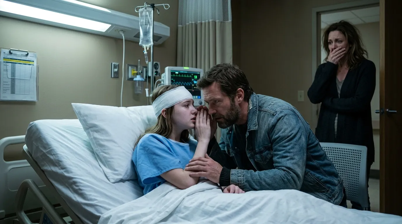 A frightened teenage girl in a hospital bed whispering to her father