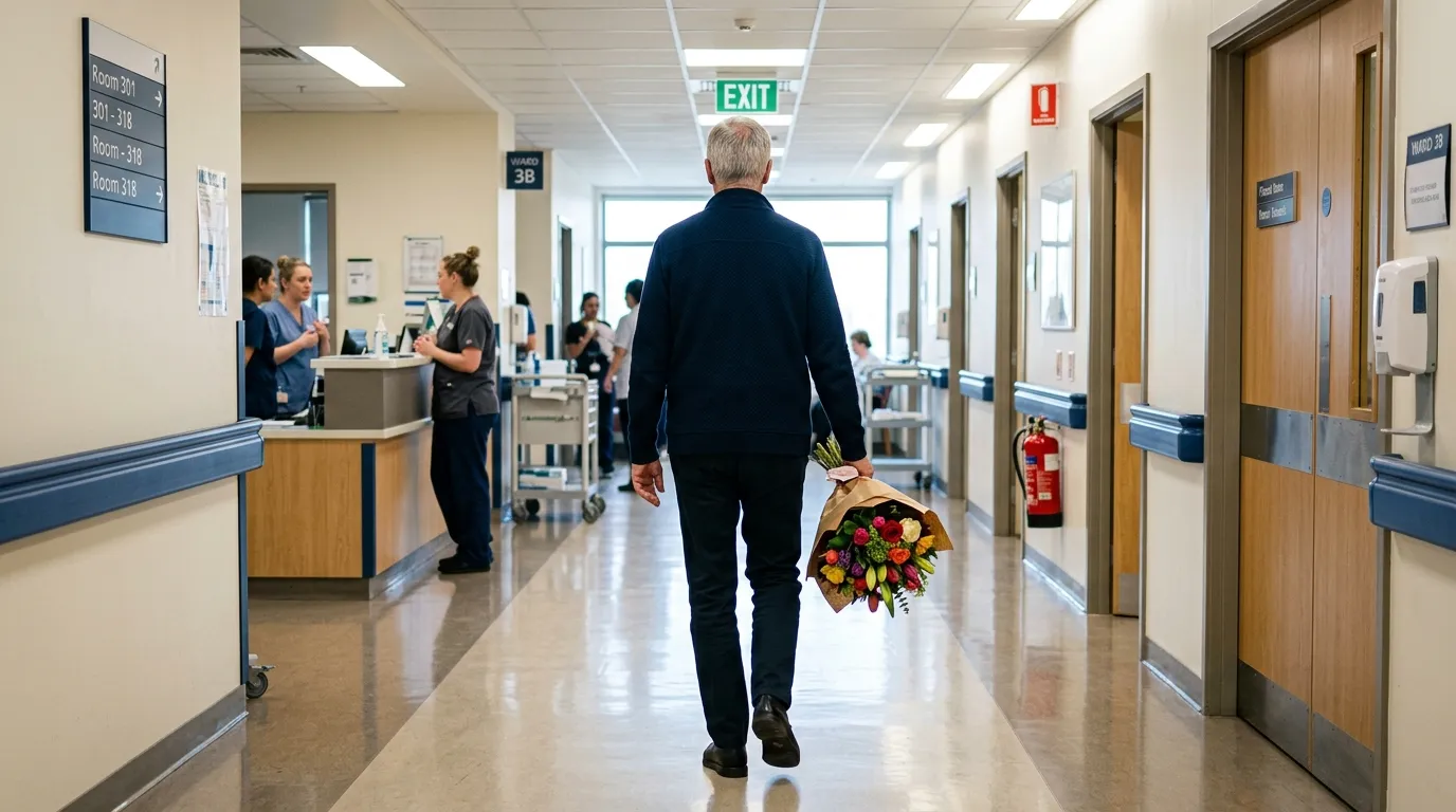 A tall, older man with graying hair wearing a navy blue jacket, seen from behind, walking down a hospital corridor.