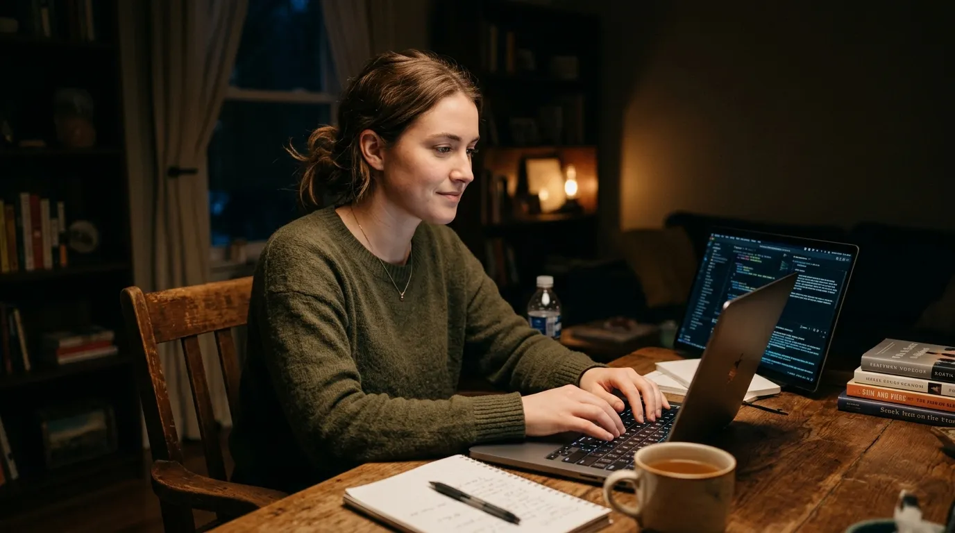 Sierra looking determined while typing on her laptop in a dimly lit room.