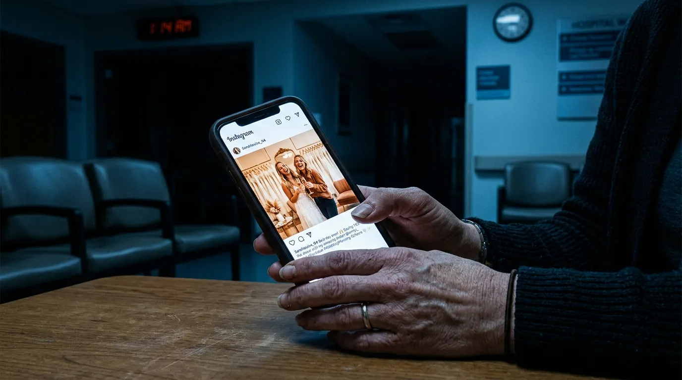 A glowing smartphone screen held by trembling hands in a dark, blue-tinted hospital waiting room, displaying a cheerful social media post.