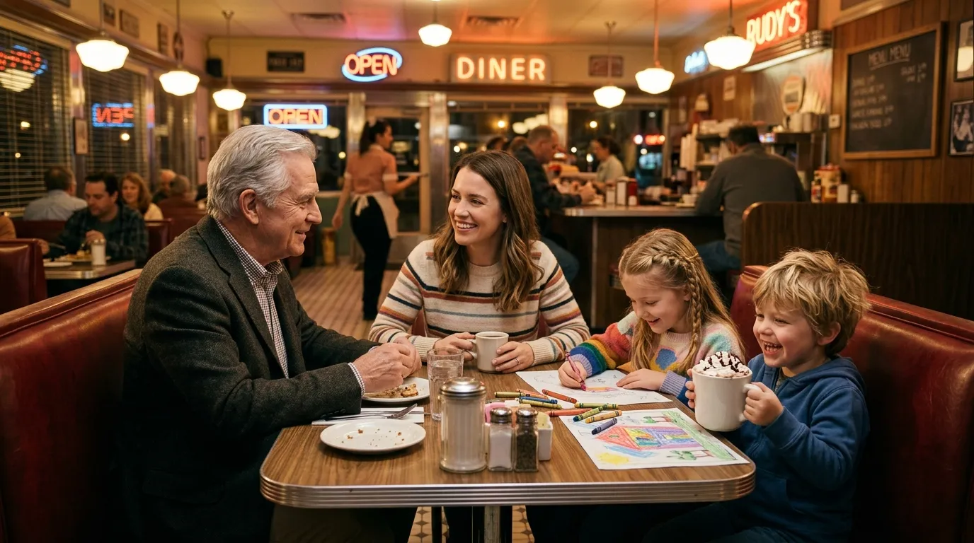 A mother and her two children sharing hot meals and hot chocolate at a diner booth with an older man