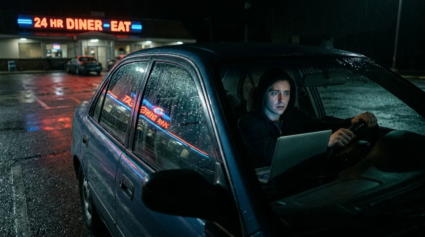 A person sitting in a dark car illuminated by a laptop screen, reading a terrifying message.