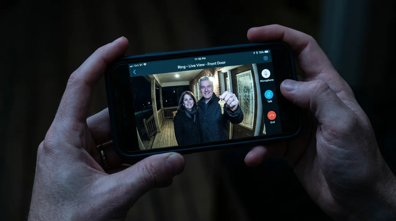 Smartphone showing doorbell camera footage of a man holding a key