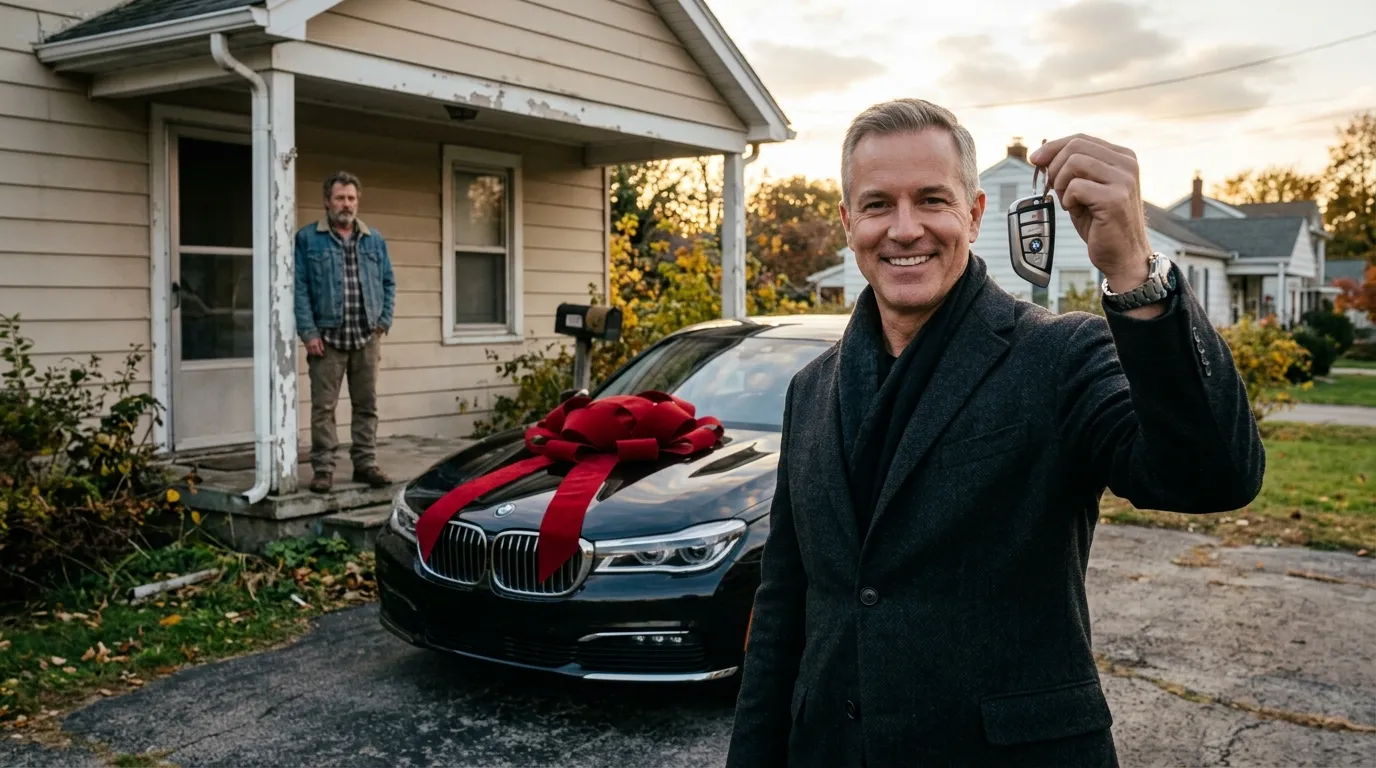 Wealthy biological father holding up car keys beside a luxury black sedan while a stepfather watches from the porch
