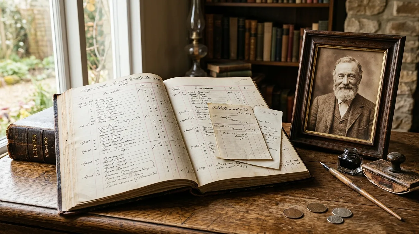 An open vintage ledger book with financial entries on a desk next to a photo of an older man.