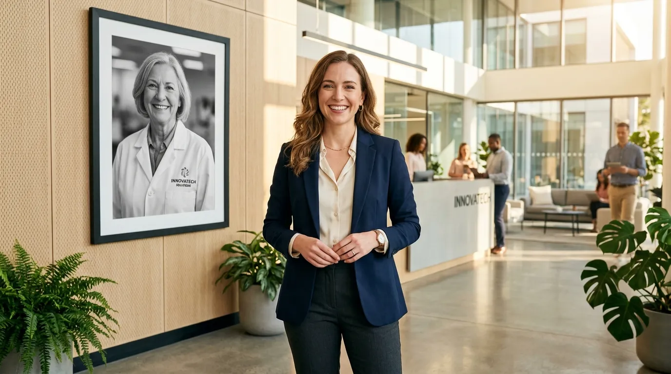 A confident woman standing in a modern foundation lobby with a portrait of an older woman behind her