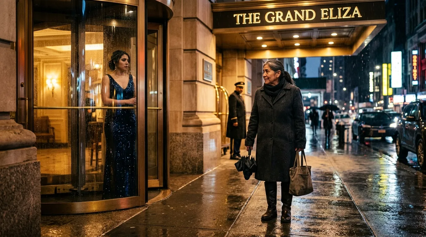 A 62-year-old woman in a plain charcoal coat stands outside a luxurious hotel in the rain.