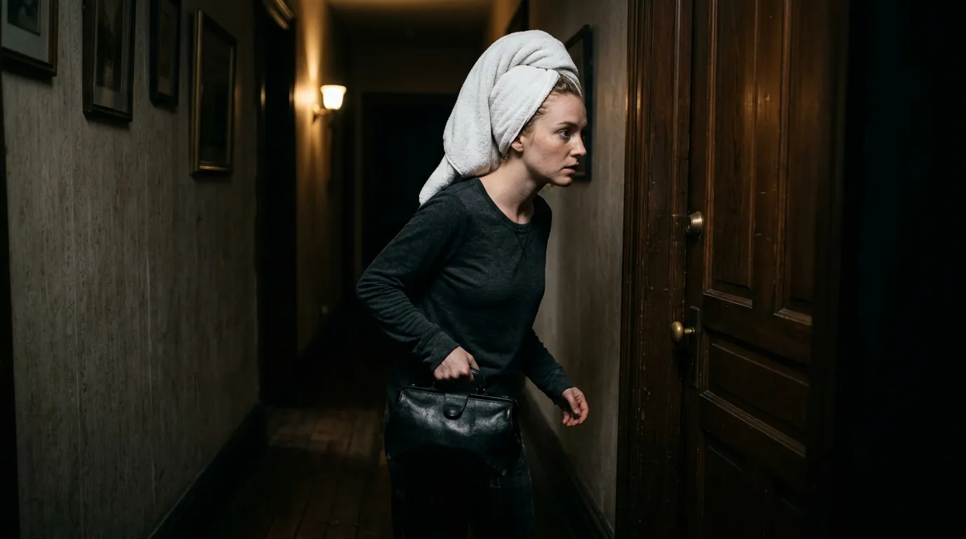 A young blonde woman with wet hair wrapped in a towel walking down a dark hallway carrying a black bag
