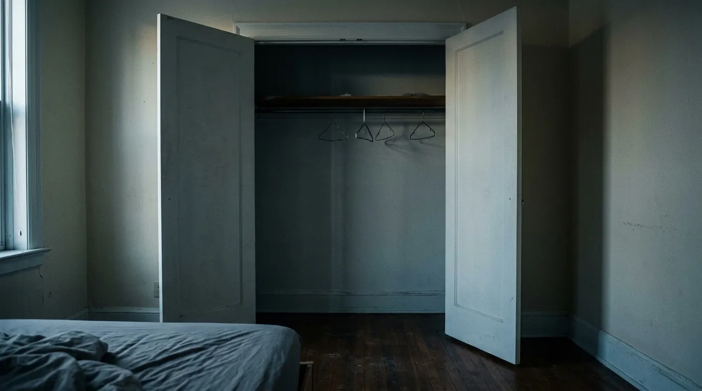 An empty closet with bare hangers bathed in sad, cold light.