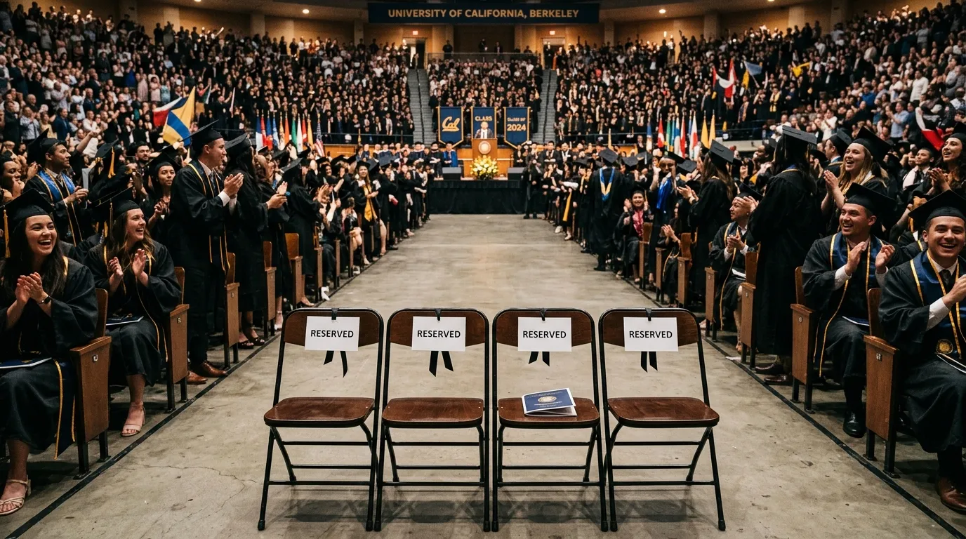 Four empty reserved chairs at a graduation ceremony