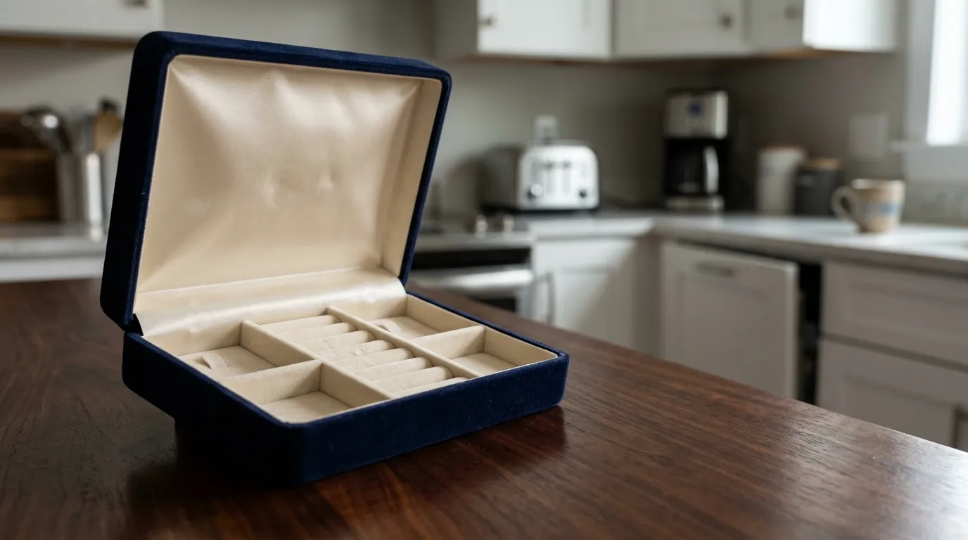 An empty velvet jewelry box resting on a polished wooden surface