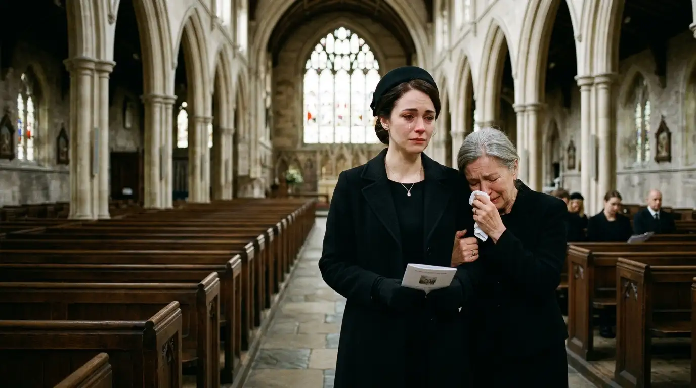 A grieving widow standing at a funeral with an empty row of pews behind her