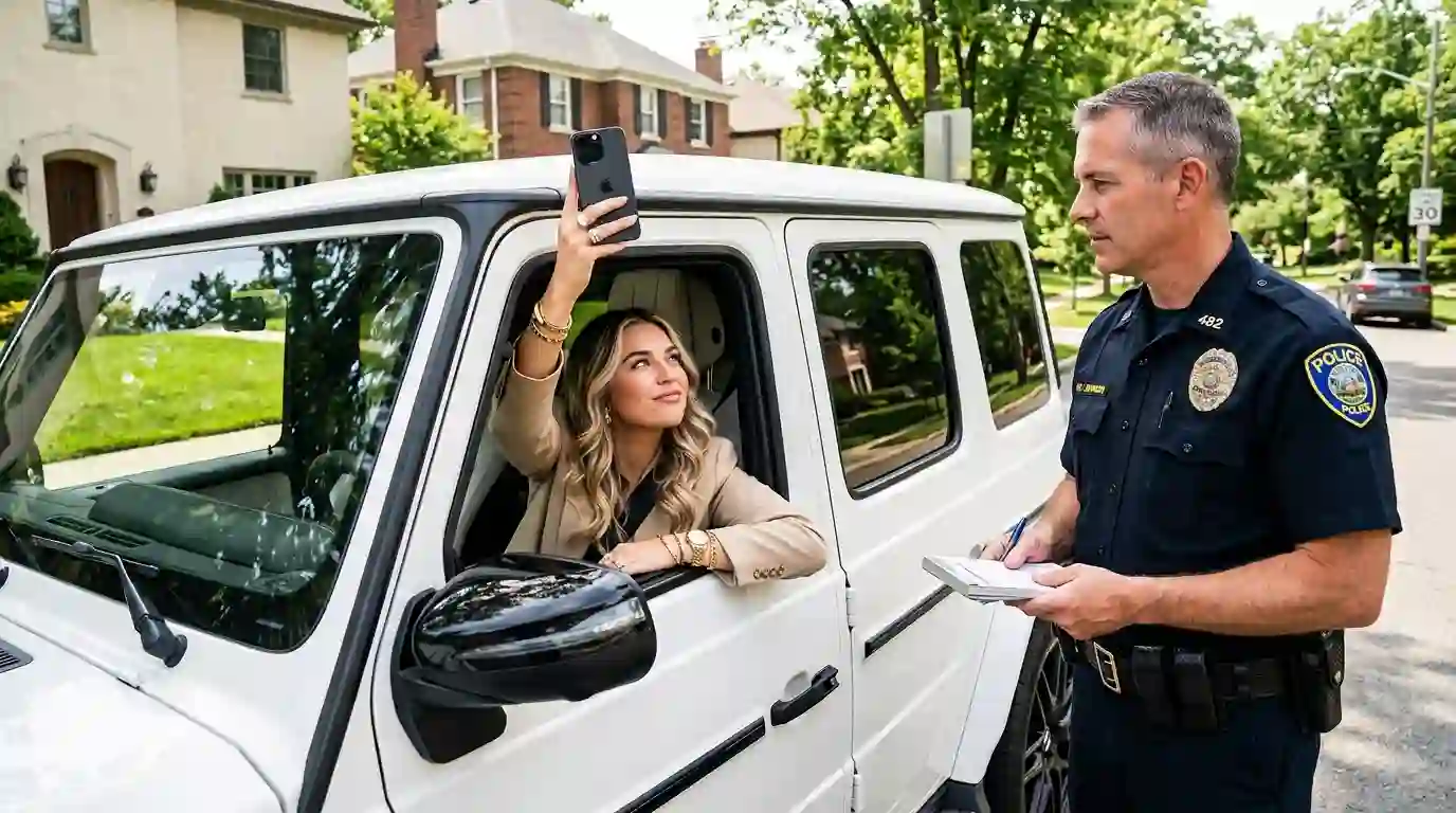 Arrogant wealthy young woman recording a calm police officer during a traffic stop
