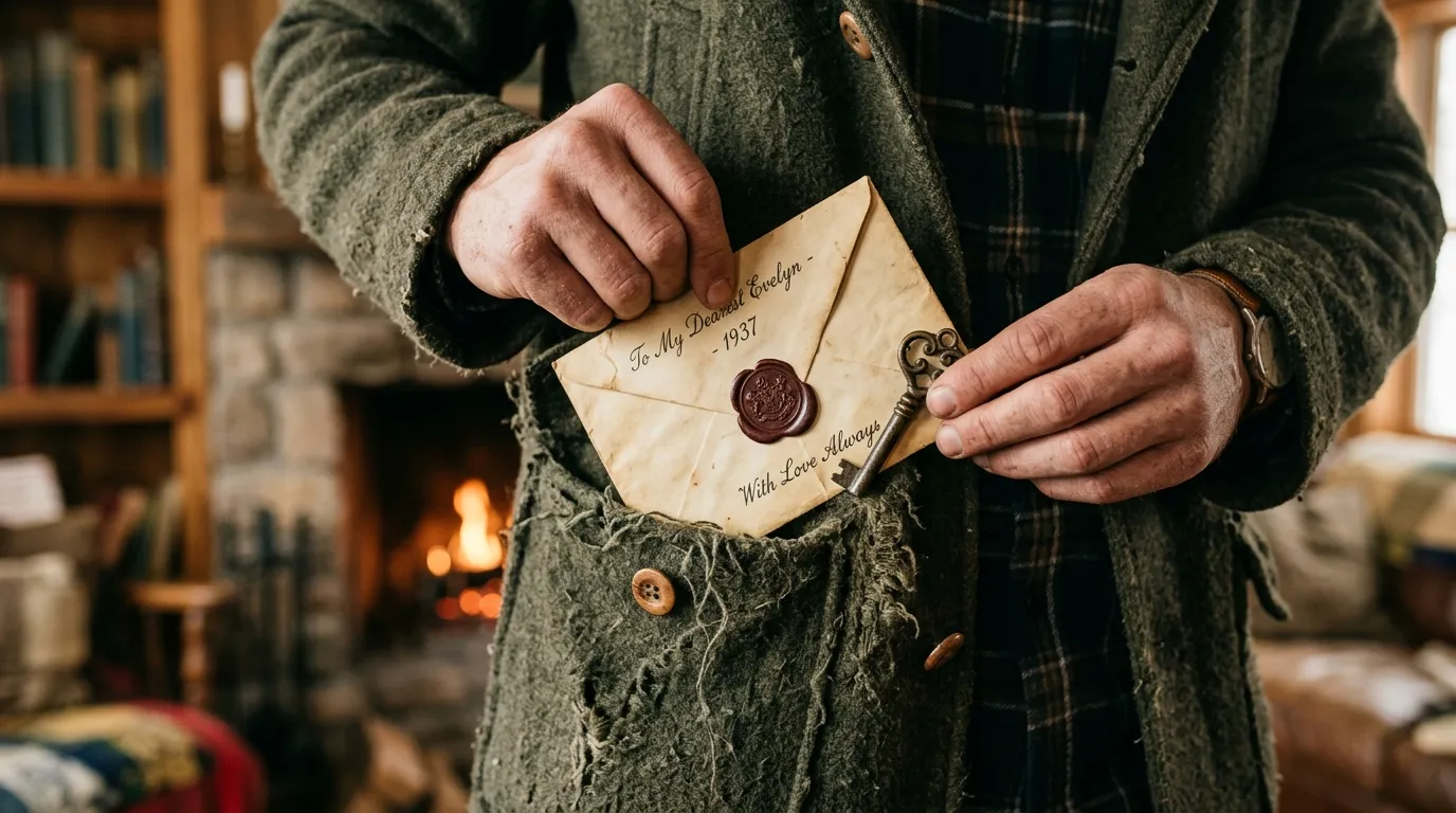 A sealed envelope and a brass key found inside a coat pocket