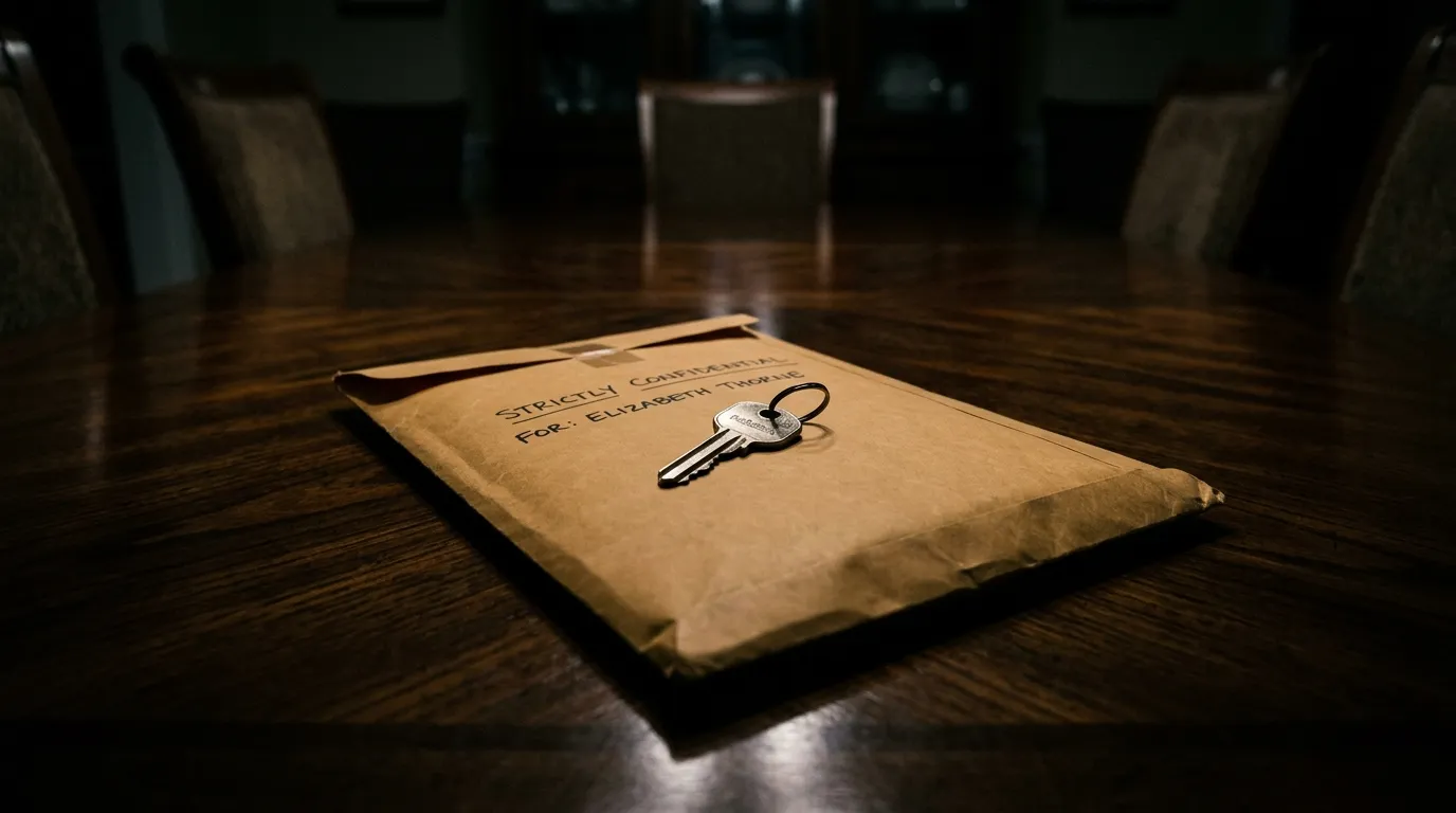 A thick manila envelope with a house key on top on a dining table