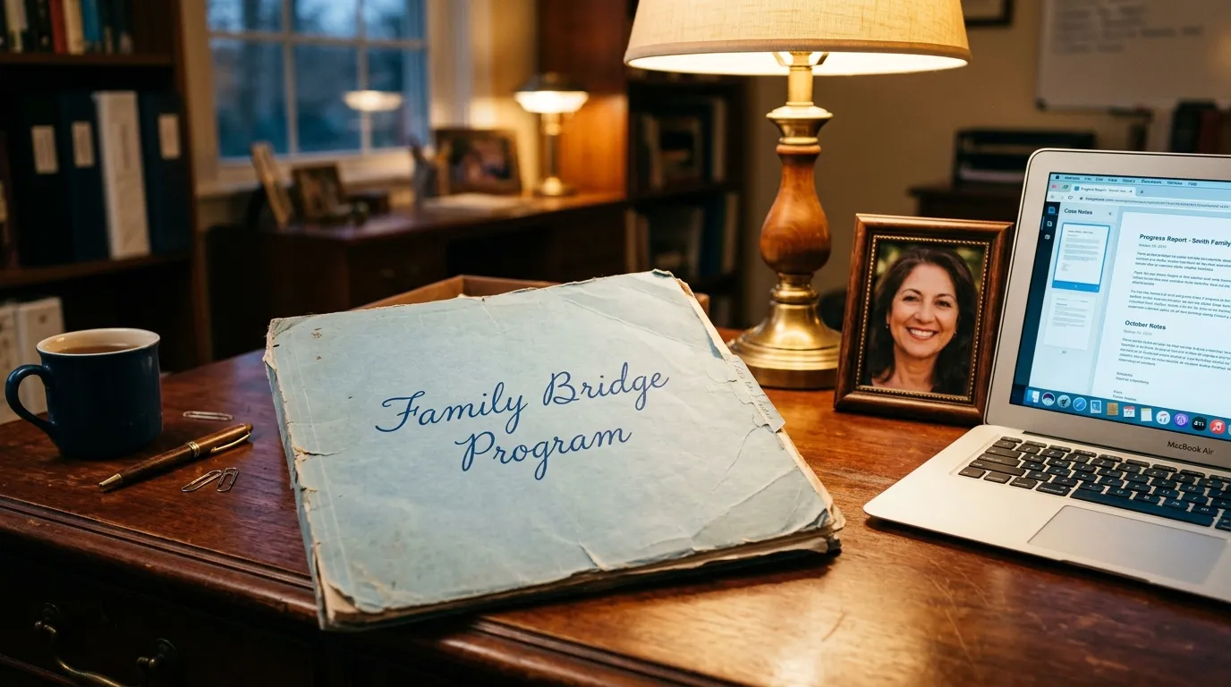 An old light blue folder titled Family Bridge Program resting on a mahogany desk beside a lamp
