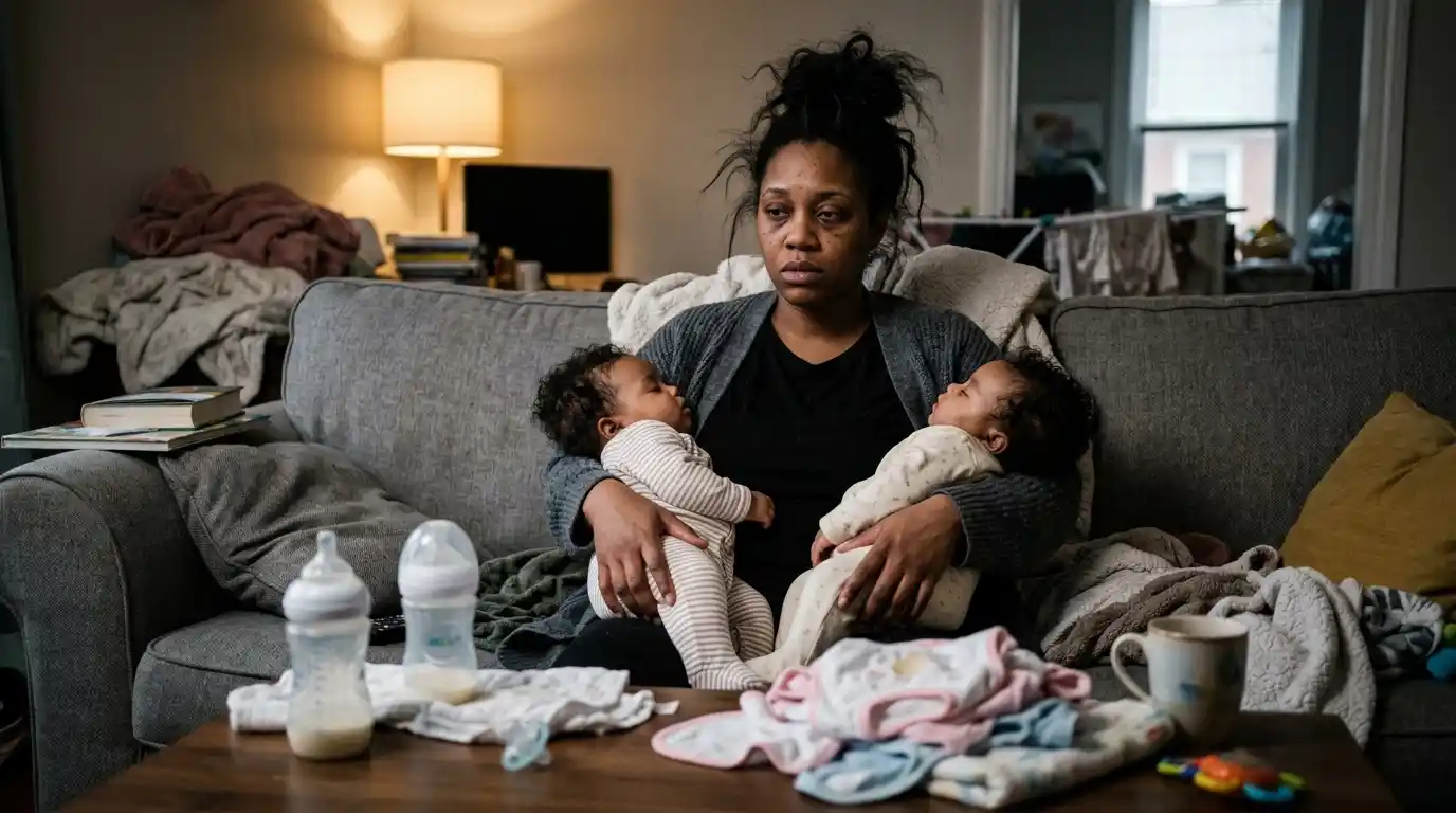 Exhausted mother sitting in a cluttered living room trying to soothe twin babies