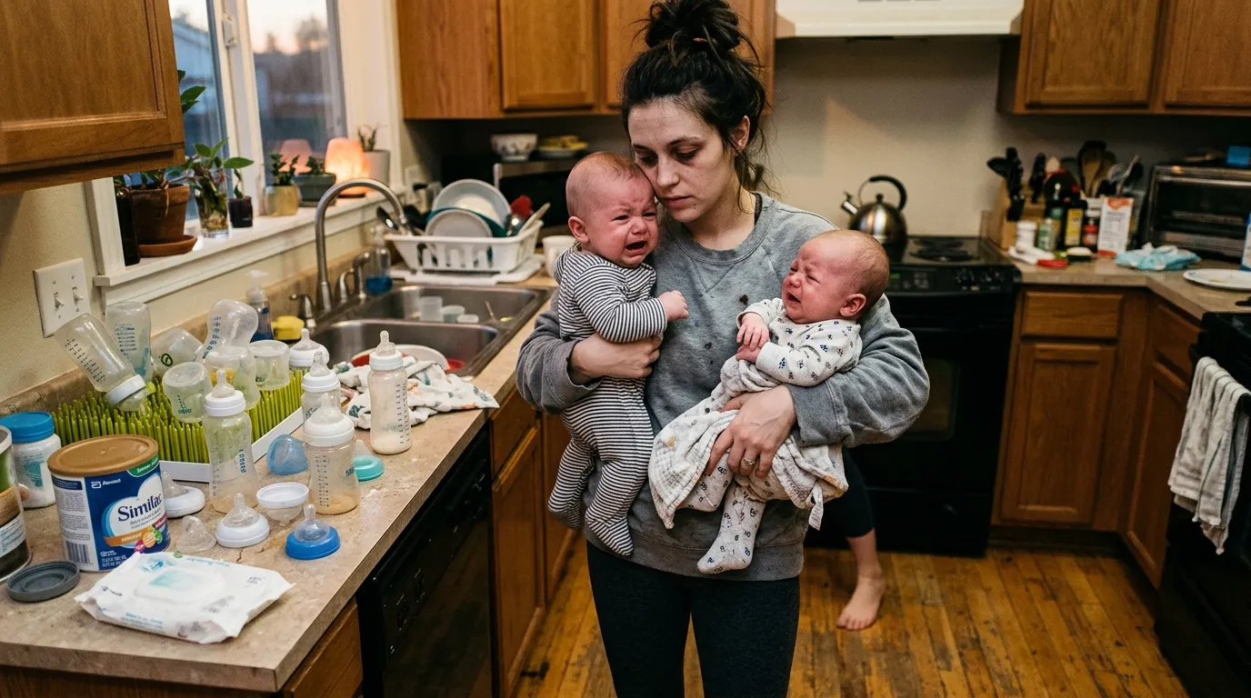 Exhausted mother holding two crying babies in a messy kitchen